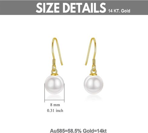 14k Gold Pearl Drop Earrings for Women, 8mm Handpicked Freshwater Pearls Dangling Drop Earrings Jewelry Anniversary Present for Her,Wife, Mom, Girlfriend in Saudi Arabia