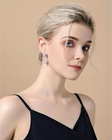 Teardrop Dangle Earrings for Wedding - Sparkly Sterling Silver Cubic Zirconia Crystal Rhinestone Drop Earrings Pierced Austrian Style Hypoallergenic Earrings Womens Bridal Jewelry in Saudi Arabia