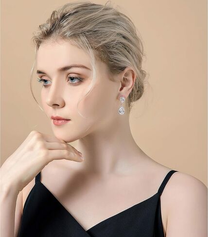 Teardrop Dangle Earrings for Wedding - Sparkly Sterling Silver Cubic Zirconia Crystal Rhinestone Drop Earrings Pierced Austrian Style Hypoallergenic Earrings Womens Bridal Jewelry in Saudi Arabia
