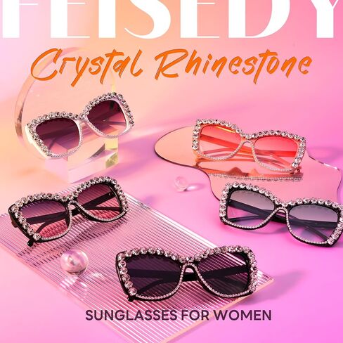 FEISEDY Cat Eye Women Sunglasses Vintage Square Crystal Rhinestone Sparkling Bejewelled Sunglasses Costume Party B9129 in Saudi Arabia