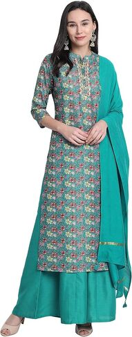Janasya Indian Women's Green Poly Muslin Embroidered Kurta with Palazzo and Dupatta in Saudi Arabia