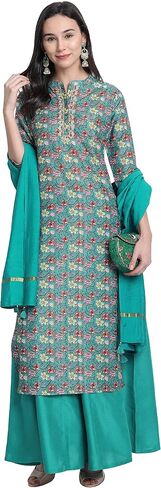 Janasya Indian Women's Green Poly Muslin Embroidered Kurta with Palazzo and Dupatta in Saudi Arabia
