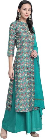Janasya Indian Women's Green Poly Muslin Embroidered Kurta with Palazzo and Dupatta in Saudi Arabia