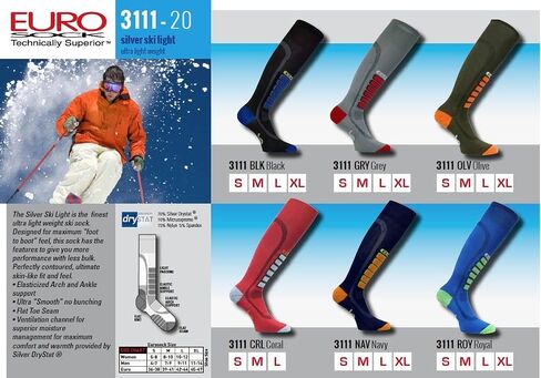Eurosocks Silver Ski Light, Thin Snug Fit, Foot To Boot Feel, Ultra Smooth Knit, No Seam Toe, No Bunching-3111 in Saudi Arabia
