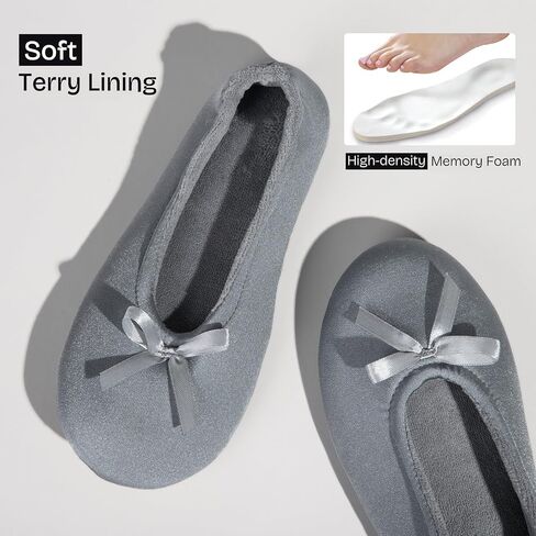 EverFoams Women's Satin Ballerina Slippers Memory Foam House Indoor Shoes | Ballet,bedroom,bows,soft,comfortable,Non-slip,rubber Sole,gift,Machine Washable in Kuwait