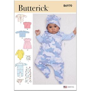 Butterick Infants' Jacket, Tops, Dress, Rompers, Diaper Cover and Hat Sewing Pattern Kit, Design Code B6970, Sizes XXS-XS-S-M-L, Multicolor