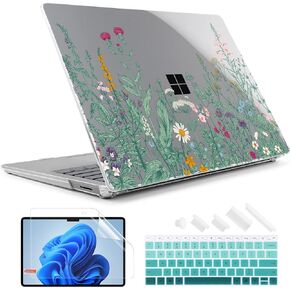 TWOLSKOO Case for 12.4" Microsoft Surface Laptop Go 2/1 Released with Model 1943/2013, Protective Plastic Hard Shell & Keyboard Cover & Screen Protector & Dust Plugs, Blue Floral