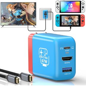 67W USB C Charger Dock for Nintendo Switch/OLED, Portable Travel TV Docking Station with 4K HDMI/USB2.0/PD Charging Port, Fast Charging Adapter with USB-C Cable for Laptop, Mobile Phone, Steam Deck