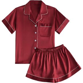 LYANER Women's Satin Pajamas Set Short Sleeve Button Shirt Silky Sleepwear With Shorts Set PJ