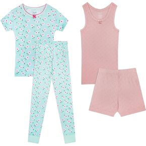 Rene Rofe Girls 4 Piece Snug Fit Cotton Pajama Pant and Tank Top Short Sleepwear Set