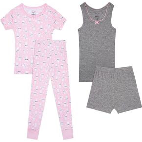 Rene Rofe Girls 4 Piece Snug Fit Cotton Pajama Pant and Tank Top Short Sleepwear Set