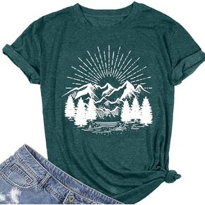 Hiking Shirt for Women Funny Nature Sunrise Graphic Mountain T Shirt Summer Casual Workout Short Sleeve Adventure Tee Top