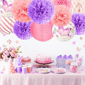 زينة حفلات الفراشة لأعياد ميلاد الفتيات والنساء، فوانيس ورقية أرجوانية وردية وزهور مناديل بوم بومس مع قصاصات ورق للحفلات، لحفلات استقبال المولود الجديد، وحفلات الزفاف، وديكور الحديقة in Kuwait