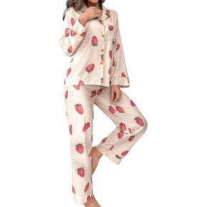 Verdusa Women's 2 Piece Cherry Print Pj Set Button Up Long Sleeve Tops and Pants Sets