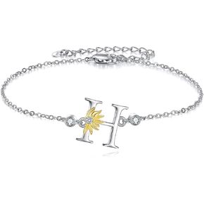 POPLYKE Sterling Silver Initial Alphabet Letter Script Name Bracelets Sunflower Initial Bracelet for Women Girls