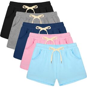 5 Pack Girls Athletic Shorts Active Performance Shorts Kids Summer Sports Shorts Running Yoga Shorts with Drawstring