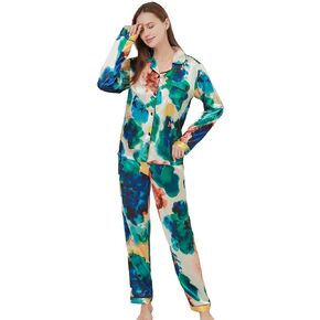 Women's Silky Satin Pajamas Set Long Sleeve Top and Long pants Nightwear Button-Down Pj Sets Sleepwear