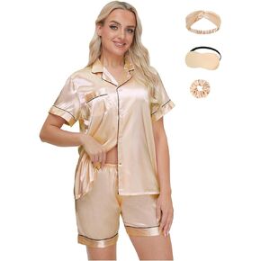 EPLAZA Women Silky Satin Pajamas Set With Eye Mask Hair Band Hair Tie Long Sleeve Button Down Sleepwear Loungewear Pjs