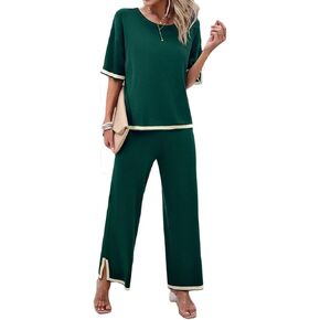Women 2 Piece Lounge Sets Sweater Pajama Sets Knit Pullover Tops and Wide Leg Pants Matching Outfits