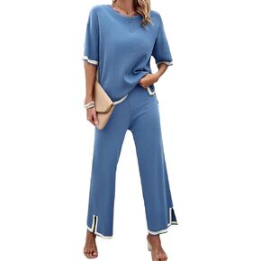 Women 2 Piece Lounge Sets Sweater Pajama Sets Knit Pullover Tops and Wide Leg Pants Matching Outfits in Kuwait