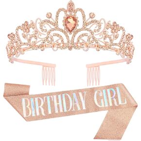 VELSCRUN Birthday Tiaras for Girls Birthday Crown Sash Happy Birthday Girl Tiara Princess Birthday Party Decorations Gifts