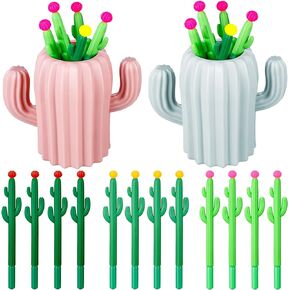 Colarr 2 Pcs Cactus Pen Holder with 12 Pcs Cactus Pens for Desk Cute Pencil Holder Pens Cup Office Decor Desk Accessories Organizer for Home Office Desk