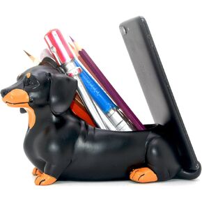 Creative Cute Daschund Pen Pencil Holder with Phone Stand Home Office Desk Accessories Decoration Black Dog Weiner Dog Dachshund Gifts