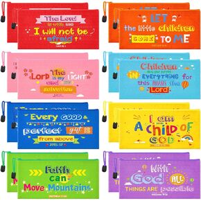 16 Pcs Bible Verse Pencil Pouch for Bible Study Pen Pouch Inspirational Christian Pencil Case Scripture Pen Bag Makeup Bags for Students Kids School Office Journaling Supplies, 9 x 4.7 Inch