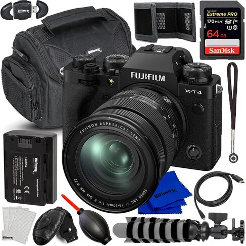 كاميرا FUJIFILM X-T4 بدون مرآة مع عدسة 16-80 مم (أسود) 16652893 - تتضمن الحزمة: بطاقة ذاكرة SDXC سعة 64 جيجابايت، وبطارية بديلة، وحقيبة أدوات، ومقبض 8 بوصات والمزيد (حزمة مكونة من 12 قطعة) in Saudi Arabia