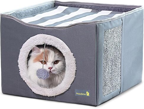 Indoor Cat House with 2 Entrances, Cozy Cat Bed with Play Ball & Scratch Pad, Cat Hideaway for Home, Cat Cube, Pet House for Small Animal, Type-A in Saudi Arabia