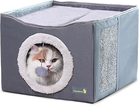 Indoor Cat House with 2 Entrances, Cozy Cat Bed with Play Ball & Scratch Pad, Cat Hideaway for Home, Cat Cube, Pet House for Small Animal, Type-A in Saudi Arabia