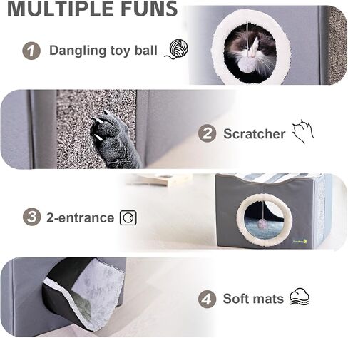 Indoor Cat House with 2 Entrances, Cozy Cat Bed with Play Ball & Scratch Pad, Cat Hideaway for Home, Cat Cube, Pet House for Small Animal, Type-A in Saudi Arabia