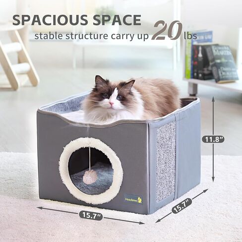 Indoor Cat House with 2 Entrances, Cozy Cat Bed with Play Ball & Scratch Pad, Cat Hideaway for Home, Cat Cube, Pet House for Small Animal, Type-A in Saudi Arabia