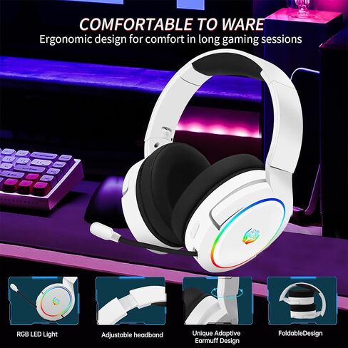 سماعة رأس لاسلكية للألعاب بتردد 2.4 جيجا هرتز لأجهزة الكمبيوتر، وPS4، وPS5، وMac، وNintendo Switch، وسماعات بلوتوث 5.3 مع ميكروفون قابل للسحب لإلغاء الضوضاء، وصوت ستيريو، وإضاءة RGB، ووضع سلكي 3.5 مم لسلسلة Xbox in Kuwait