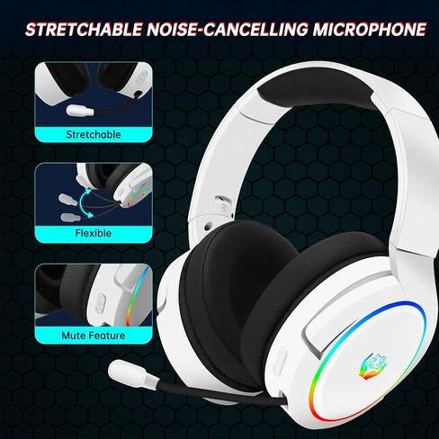 سماعة رأس لاسلكية للألعاب بتردد 2.4 جيجا هرتز لأجهزة الكمبيوتر، وPS4، وPS5، وMac، وNintendo Switch، وسماعات بلوتوث 5.3 مع ميكروفون قابل للسحب لإلغاء الضوضاء، وصوت ستيريو، وإضاءة RGB، ووضع سلكي 3.5 مم لسلسلة Xbox in Kuwait