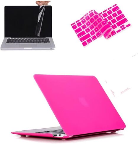 حافظة RUBAN لجهاز MacBook Air 13 بوصة A1466/A1369، غطاء حماية نحيف سهل التركيب 3 في 1 مع غطاء لوحة مفاتيح وواقي شاشة (وردي فاقع) in Kuwait