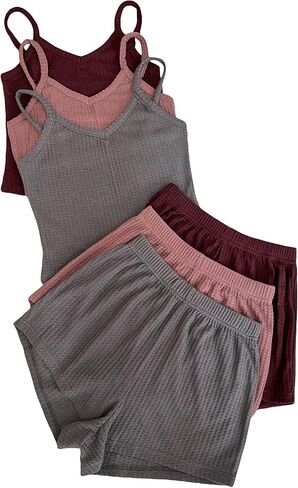 SHENHE Women's 3 Sets Waffle Lounge Set Crop Cami Top and Shorts Sleepwear Pajama Set in Saudi Arabia