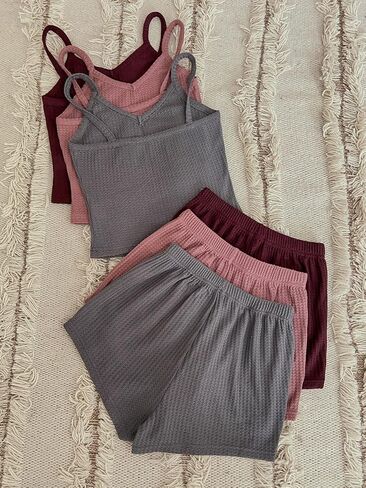 SHENHE Women's 3 Sets Waffle Lounge Set Crop Cami Top and Shorts Sleepwear Pajama Set in Saudi Arabia