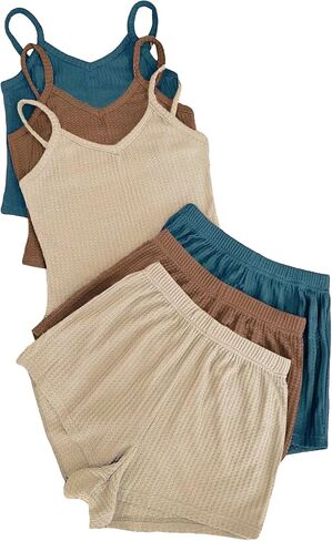 SHENHE Women's 3 Sets Waffle Lounge Set Crop Cami Top and Shorts Sleepwear Pajama Set in Saudi Arabia