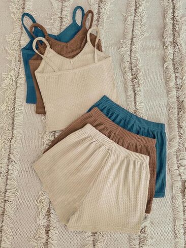 SHENHE Women's 3 Sets Waffle Lounge Set Crop Cami Top and Shorts Sleepwear Pajama Set in Saudi Arabia