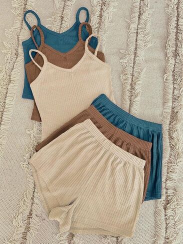 SHENHE Women's 3 Sets Waffle Lounge Set Crop Cami Top and Shorts Sleepwear Pajama Set in Saudi Arabia