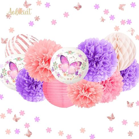 زينة حفلات الفراشة لأعياد ميلاد الفتيات والنساء، فوانيس ورقية أرجوانية وردية وزهور مناديل بوم بومس مع قصاصات ورق للحفلات، لحفلات استقبال المولود الجديد، وحفلات الزفاف، وديكور الحديقة in Kuwait