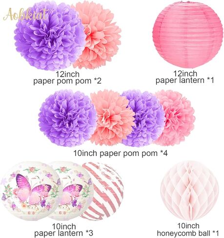 زينة حفلات الفراشة لأعياد ميلاد الفتيات والنساء، فوانيس ورقية أرجوانية وردية وزهور مناديل بوم بومس مع قصاصات ورق للحفلات، لحفلات استقبال المولود الجديد، وحفلات الزفاف، وديكور الحديقة in Kuwait