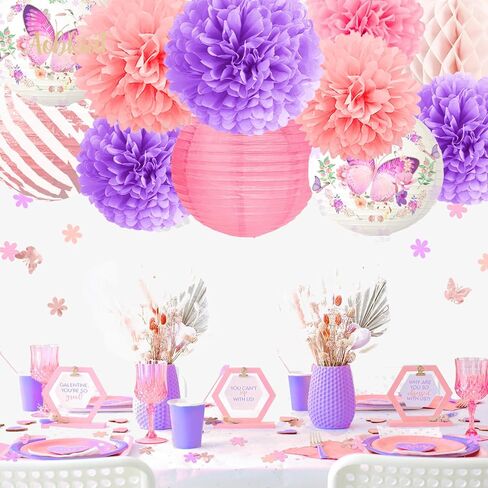 زينة حفلات الفراشة لأعياد ميلاد الفتيات والنساء، فوانيس ورقية أرجوانية وردية وزهور مناديل بوم بومس مع قصاصات ورق للحفلات، لحفلات استقبال المولود الجديد، وحفلات الزفاف، وديكور الحديقة in Kuwait