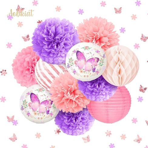 زينة حفلات الفراشة لأعياد ميلاد الفتيات والنساء، فوانيس ورقية أرجوانية وردية وزهور مناديل بوم بومس مع قصاصات ورق للحفلات، لحفلات استقبال المولود الجديد، وحفلات الزفاف، وديكور الحديقة in Kuwait