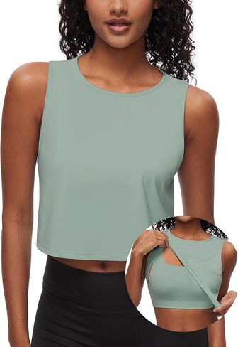 Womens Workout Tank Top Crop Top with Built in Bra Muscle Top Sleeveless Active Top Athletic Tank Crop Top Cropped Sports Shirt Tee Running Yoga Gym (Color: Ink Green, Size: M) in Saudi Arabia