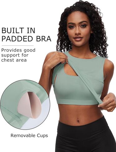 Womens Workout Tank Top Crop Top with Built in Bra Muscle Top Sleeveless Active Top Athletic Tank Crop Top Cropped Sports Shirt Tee Running Yoga Gym (Color: Ink Green, Size: M) in Saudi Arabia