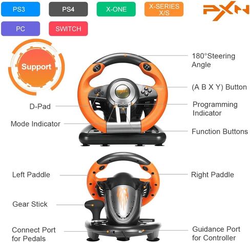 PXN V3 PRO Racing Wheel with Pedals for PC, Xbox, PS4, Switch | 11-Inch Wheel, Vibration Feedback, Paddle & Sequential Shifting, 180° Steering, 2-Pedal, Plug & Play Setup for Easy Gaming in Kuwait