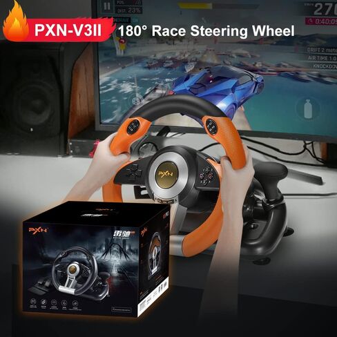 PXN V3 PRO Racing Wheel with Pedals for PC, Xbox, PS4, Switch | 11-Inch Wheel, Vibration Feedback, Paddle & Sequential Shifting, 180° Steering, 2-Pedal, Plug & Play Setup for Easy Gaming in Kuwait