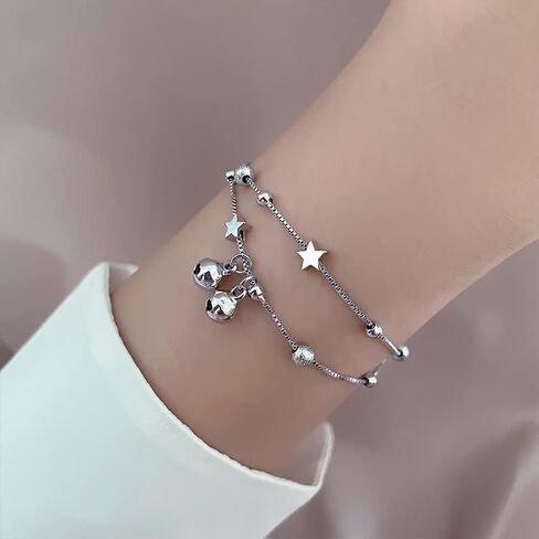 Cute Layered Ball Bead Star Small Bell Bracelet for Women Girls White Gold Plated Frosted Adjustable Charms Box Chain Trendy Birthday Christmas Party Lucky Jewelry Gift in Saudi Arabia